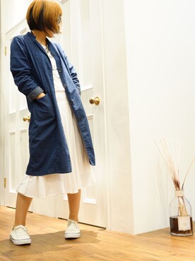 「マキシスカート」｜「アイテム（ステンカラーコート）」を使った、KUROさん（レディース・161cm）の秋コーディネート