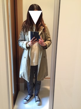 「ストライプパンツ」｜「アイテム（トレンチコート）」を使った、 charmyukaさん（レディース・158cm）の冬コーディネート
