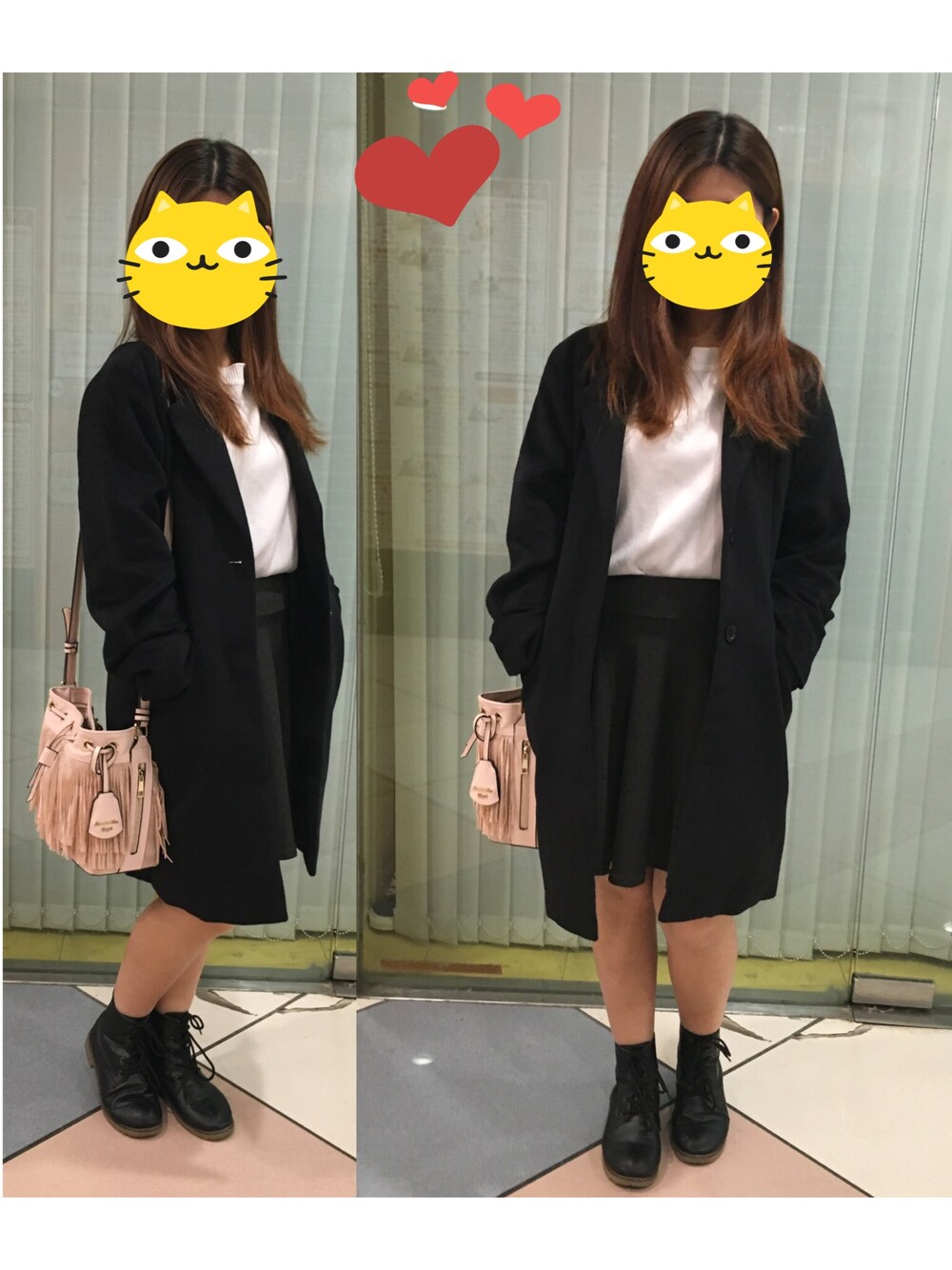 ブラック系のスーツジャケット、ブラウン系のショルダーバッグ、ブラウン系のアナログ腕時計を着用したレディースの冬コーディネートの1枚目の写真