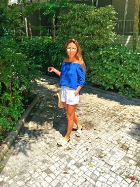 「ネイビー×ホワイト」｜「アイテム（その他トップス）」を使った、mioさん（レディース・162cm）の夏コーディネート