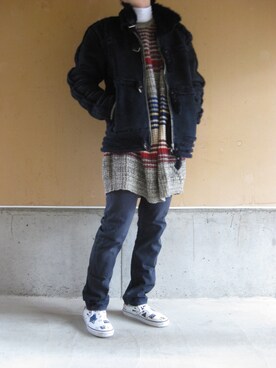 「RAF SIMONS（ラフシモンズ）のアイテム（ムートンコート）」を使った、猫田丸助さん（メンズ・176cm）の冬コーディネート