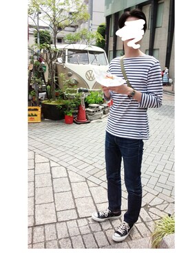 「ORCIVAL（オーシバル）のアイテム（Tシャツ/カットソー、ブルー系）」を使った、nynyさん（メンズ・181cm）の夏コーディネート