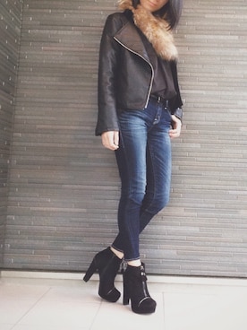 「ノーカラージャケット」｜「アイテム（ブーティ）」を使った、CHAさん（レディース・163cm）の冬コーディネート