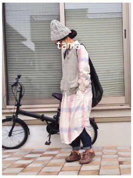 「ニットキャップ」｜「アイテム（シャツワンピース）」を使った、tamaさん（レディース・159cm）の春コーディネート