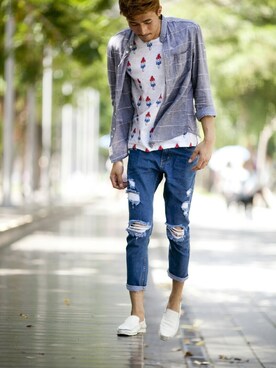 「ink（インク）のアイテム（その他シューズ）」を使った、林佑桐さん（メンズ・183cm）の夏コーディネート
