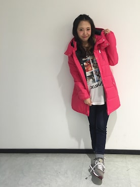 「アイテム（ダウンジャケット/コート、ピンク系）」を使った、110373さん（レディース・151cm）の秋コーディネート