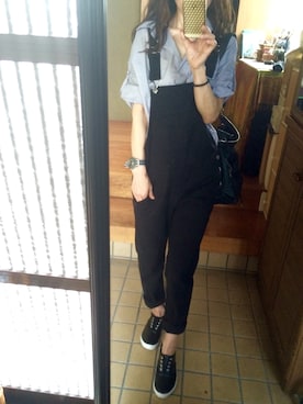 「スキッパーシャツ」｜「アイテム（オールインワン・サロペット）」を使った、しずさん（レディース・156cm）の夏コーディネート