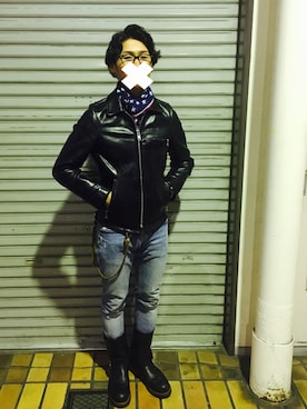 「大阪」｜「アイテム（ライダースジャケット）」を使った、村里 侑志さん（メンズ・168cm）の冬コーディネート