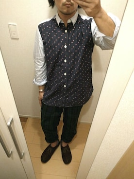 「柄×柄」｜「アイテム（その他シューズ）」を使った、土田間半家増さん（メンズ・168cm）の秋コーディネート