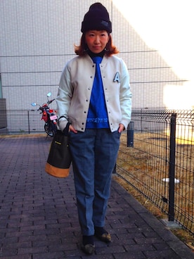 「SM2（エスエムツー）のアイテム（スタジャン）」を使った、美衣さん（レディース・150cm）の冬コーディネート