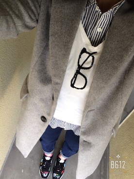 「GU（ジーユー）のアイテム（シャツ/ブラウス、ブルー系）」を使った、Yukinoさん（レディース・167cm）の冬コーディネート