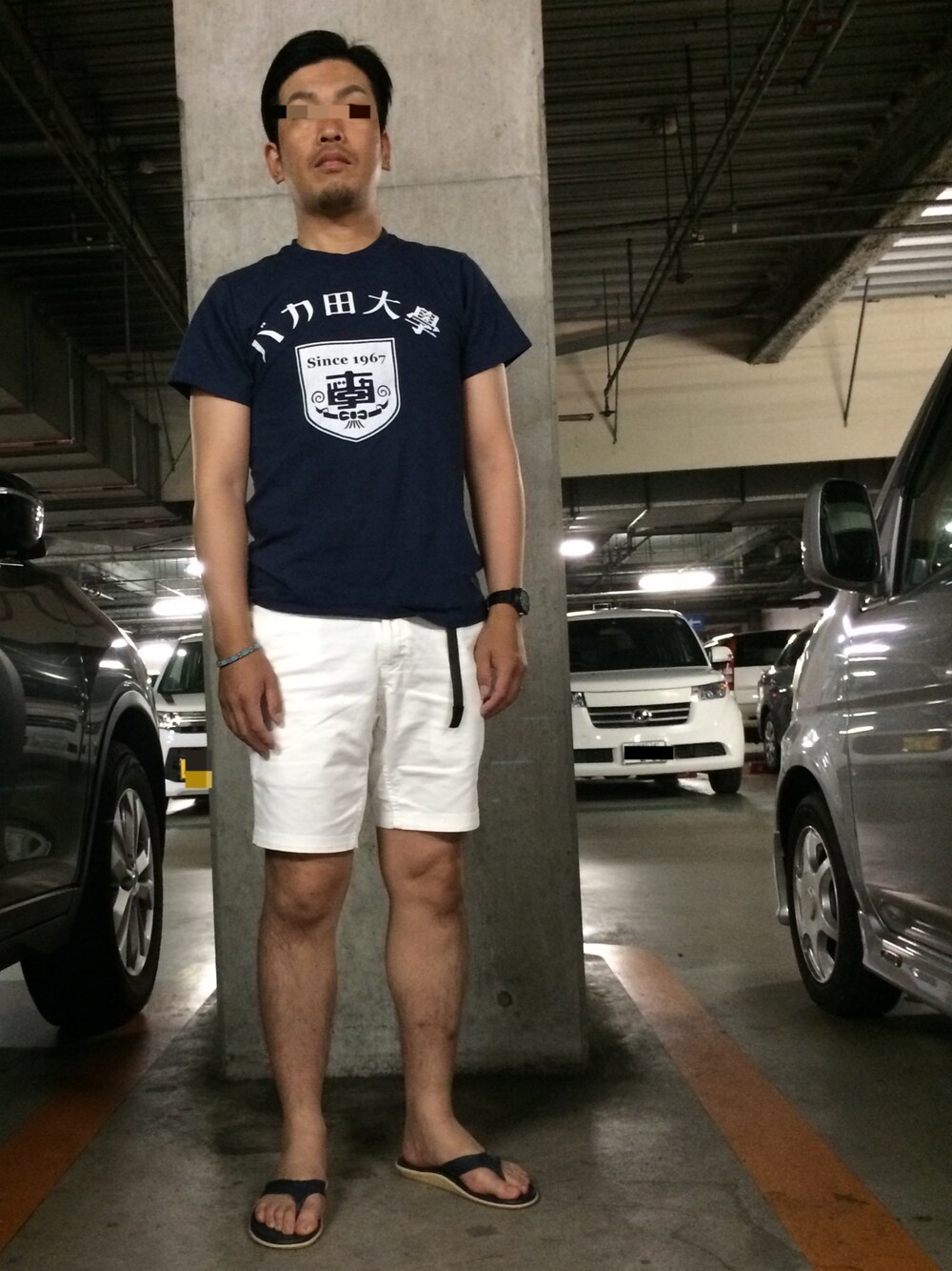 「プリントT、グラミチ、ショートパンツ、サンダル、TIMEX」｜「JACKSON MATISSEのバカ田大學 Tシャツ（Tシャツ/カットソー、ブルー系）」を使った、kentsさん（メンズ・173cm）の夏コーディネートの1枚目の写真