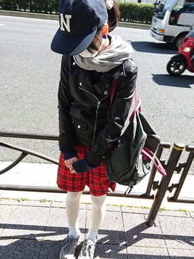 「白タイツ」｜「アイテム（ライダースジャケット）」を使った、てらさかみつえさん（レディース・153cm）の春コーディネート
