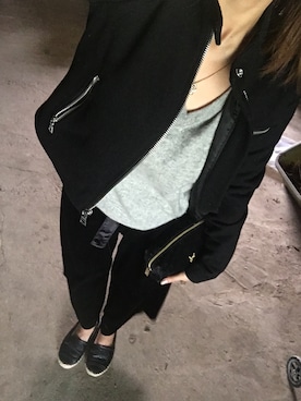 「カシミヤ」｜「アイテム（ライダースジャケット）」を使った、chimiさん（レディース・153cm）の冬コーディネート