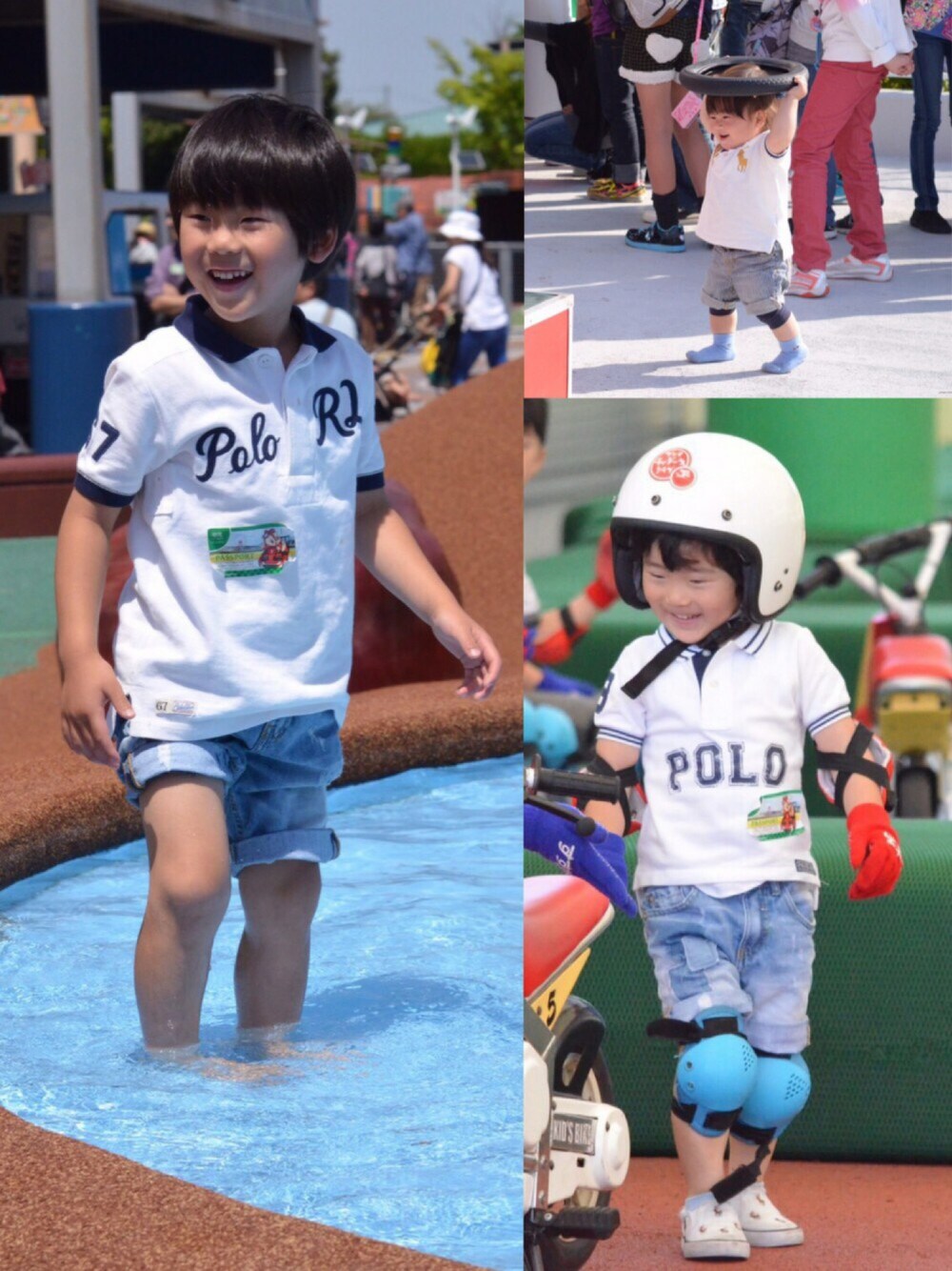 「キッズコーデ、三兄弟、おとこのこ、ラルフローレン、ポロシャツ、デニムショートパンツ、パッチワークデニム」｜「RALPH LAURENのアイテム（ポロシャツ、ホワイト系）」を使った、tⅲ♥︎brothersさん（キッズ・90cm）の春コーディネートの1枚目の写真