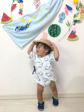 「麦わら帽」｜tⅲ♥︎brothersさん（キッズ・70cm）の夏コーディネート