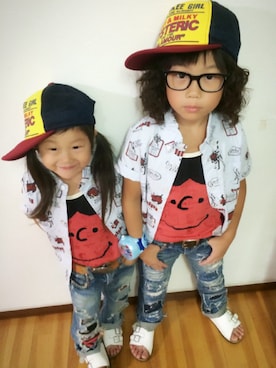 「JOEY HYSTERIC（ジョーイヒステリック）のアイテム（帽子）」を使った、いろぴぴぴさん（キッズ・120cm）の夏コーディネート