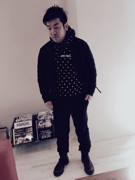 「alexanderwang（アレキサンダーワン）のアイテム（ライダースジャケット）」を使った、Kouichicさん（メンズ・170cm）の冬コーディネート