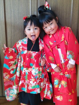 「アイテム（水着/着物・浴衣、レッド系）」を使った、あんずりえるさん（キッズ・90cm）の冬コーディネート