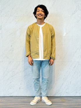 「ノーカラージャケット」｜Right-on 店舗スタッフさん（メンズ・179cm）の秋コーディネート