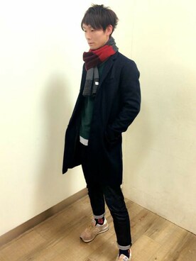 「Right-on（ライトオン）のアイテム（チェスターコート）」を使った、Right-on 店舗スタッフさん（メンズ・180cm）の冬コーディネート