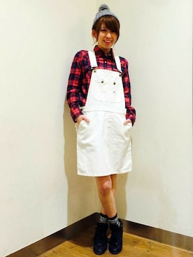 「LEE」｜「アイテム（オールインワン・サロペット）」を使った、Right-on 店舗スタッフさん（レディース・160cm）の冬コーディネート