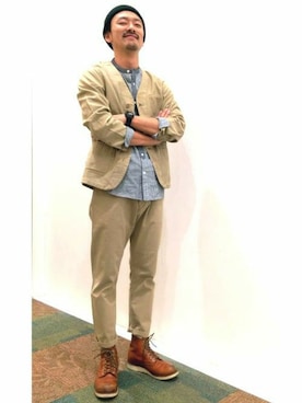「Right-on」｜「アイテム（ノーカラージャケット）」を使った、Right-on 店舗スタッフさん（メンズ・175cm）の冬コーディネート