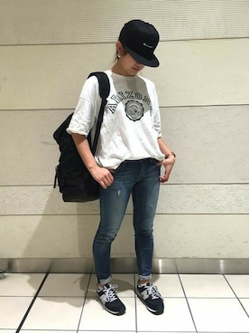 「Champion（チャンピオン）のアイテム（キャップ）」を使った、Right-on 店舗スタッフさん（レディース・152cm）の春コーディネート