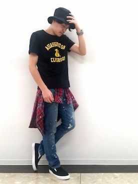 「Champion（チャンピオン）のアイテム（帽子）」を使った、Right-on 店舗スタッフさん（メンズ・177cm）の春コーディネート