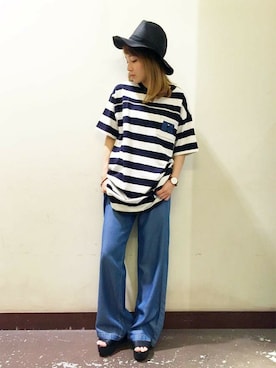 「RUSSELL（ラッセル）のアイテム」を使った、Right-on 店舗スタッフさん（レディース・155cm）の夏コーディネート