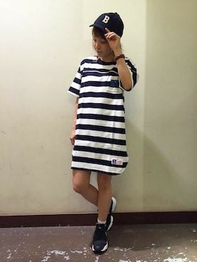 「RUSSELL（ラッセル）のアイテム」を使った、Right-on 店舗スタッフさん（レディース・155cm）の夏コーディネート
