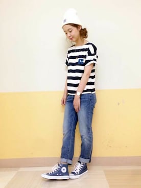 「VISION（ヴィジョン）のアイテム（帽子）」を使った、Right-on 店舗スタッフさん（レディース・162cm）の夏コーディネート