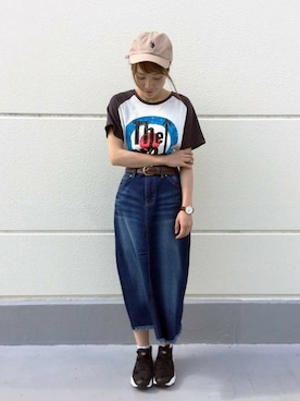 「アイテム（デニムスカート）」を使った、Right-on 店舗スタッフさん（レディース・155cm）の夏コーディネート