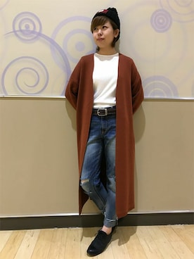 「アイテム（カーディガン/ボレロ、オレンジ系）」を使った、Right-on 店舗スタッフさん（レディース・155cm）の秋コーディネート