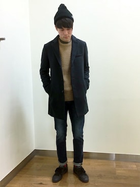 「Right-on（ライトオン）のアイテム（チェスターコート）」を使った、Right-on 店舗スタッフさん（メンズ・180cm）の冬コーディネート