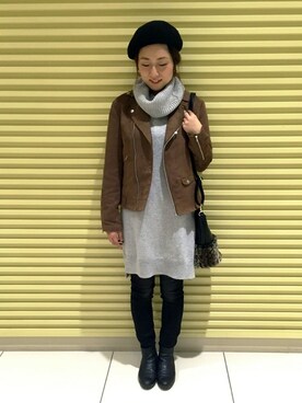 「Right-on（ライトオン）のアイテム（ライダースジャケット）」を使った、Right-on 店舗スタッフさん（レディース・158cm）の冬コーディネート
