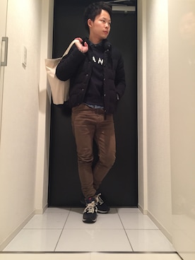 「アイテム（デニムパンツ、グリーン系）」を使った、ひかるさん（メンズ・166cm）の冬コーディネート