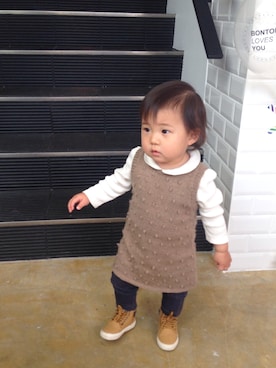 「手作りのアイテム（ワンピース、ベージュ系）」を使った、yamaDaさん（レディース・80cm）の冬コーディネート