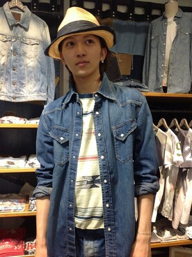 「REMI RELIEF（レミレリーフ）のREMI RELIEF （レミレリーフ） インディゴJQ鳥ボーダークルー (504)（Tシャツ/カットソー、ホワイト系）」を使った、B'2nd 二子玉川さん（メンズ・175cm）の春コーディネート
