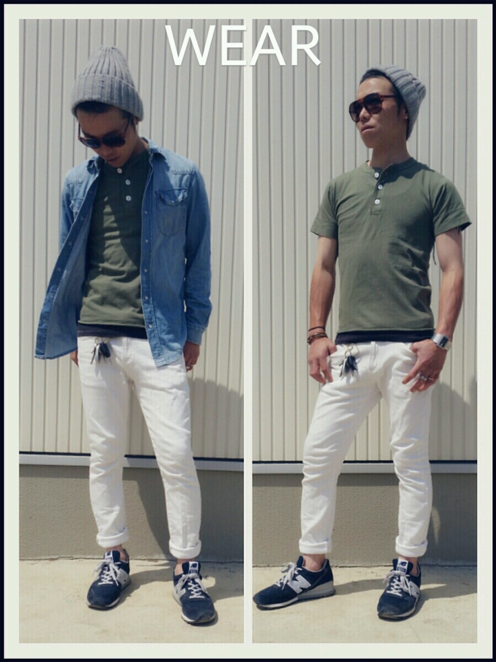 グリーン系のTシャツ/カットソー、ホワイト系のその他パンツ、ブルー系のスニーカーを着用したメンズの春コーディネートの1枚目の写真
