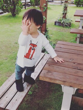 「bobochosesのアイテム（Tシャツ/カットソー、ホワイト系）」を使った、maroさん（キッズ・110cm）の秋コーディネート
