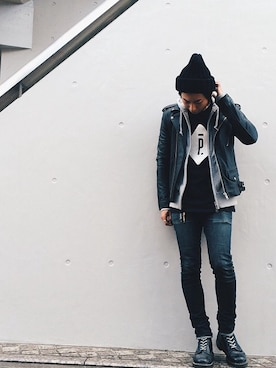 「cheap monday」｜「アイテム（ライダースジャケット）」を使った、Mr__keeさん（メンズ・174cm）の秋コーディネート