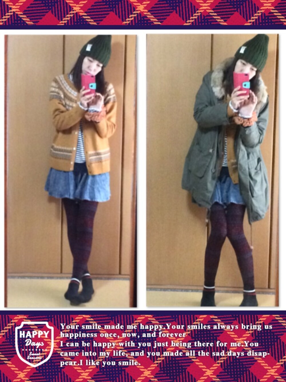 グリーン系のモッズコート、イエロー系のカーディガン/ボレロ、ブラック系のTシャツ/カットソーを着用したレディースの冬コーディネートの1枚目の写真