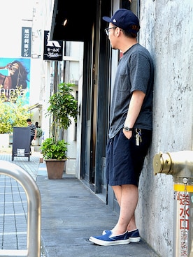 「Johnbull Private labo（ジョンブルプライベートラボ）のハーフイージーショーツ（その他パンツ、ブルー系）」を使った、ASATAKUさん（メンズ・160cm）の夏コーディネート