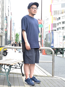 「Johnbull Private labo（ジョンブルプライベートラボ）のハーフイージーショーツ（その他パンツ、ブルー系）」を使った、ASATAKUさん（メンズ・160cm）の夏コーディネート