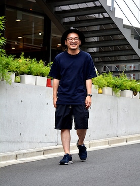 「Johnbull Private labo（ジョンブルプライベートラボ）のハーフイージーショーツ（その他パンツ、ブルー系）」を使った、ASATAKUさん（メンズ・160cm）の夏コーディネート