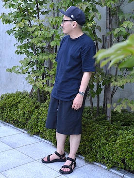 「Johnbull Private labo（ジョンブルプライベートラボ）のハーフイージーショーツ（その他パンツ、ブルー系）」を使った、ASATAKUさん（メンズ・160cm）の夏コーディネート