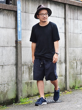 「Johnbull Private labo（ジョンブルプライベートラボ）のハーフイージーショーツ（その他パンツ、ブルー系）」を使った、ASATAKUさん（メンズ・160cm）の夏コーディネート