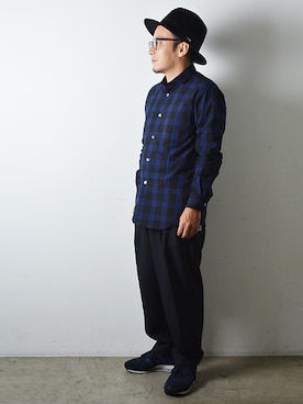 「Johnbull Private labo（ジョンブルプライベートラボ）の【Makerhood Shirt】ラウンドカラーシャツ（シャツ/ブラウス、ブルー系）」を使った、ASATAKUさん（メンズ・160cm）の秋コーディネート