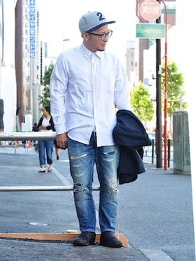 「Johnbull Private labo（ジョンブルプライベートラボ）のタイトストレートデニムパンツ（デニムパンツ、ブルー系）」を使った、ASATAKUさん（メンズ・160cm）の秋コーディネート